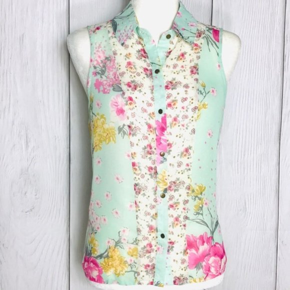 Floral Sheer Button Up Blouse Top Tank - Picture 1 of 4